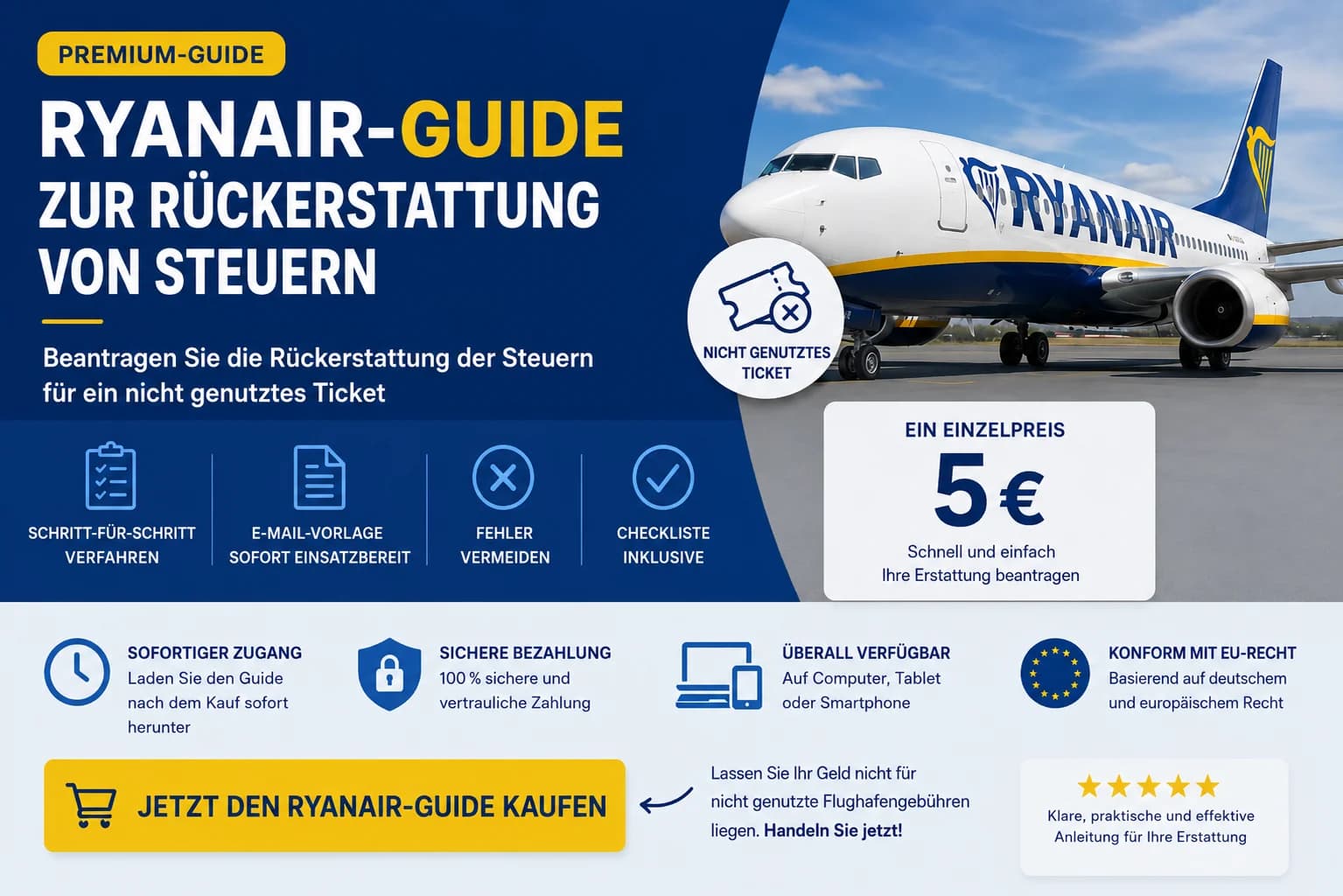 Ryanair-Guide zur Beantragung der Steuererstattung für ein nicht genutztes Ticket