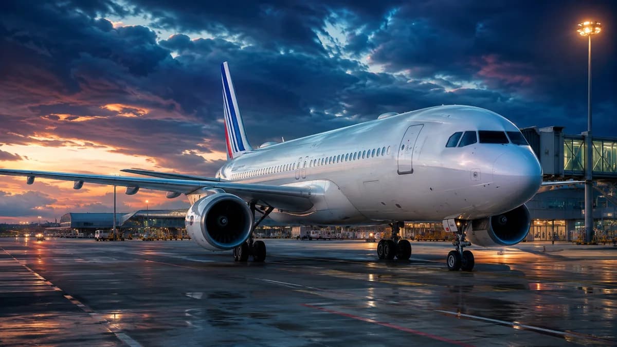 Air-France-Flugzeug am Boden vor dem Terminal, Illustration der Air-France-Steuererstattung