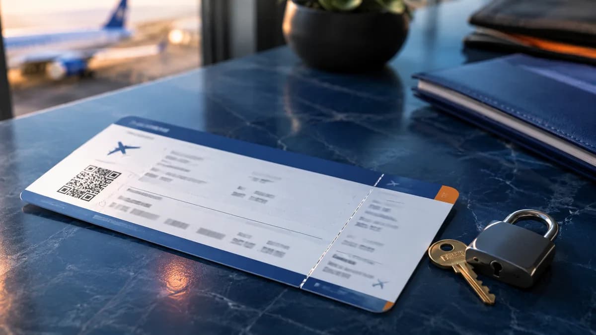 Flugticket mit Vorhängeschloss und Schlüssel, Illustration eines nicht erstattungsfähigen Flugtickets