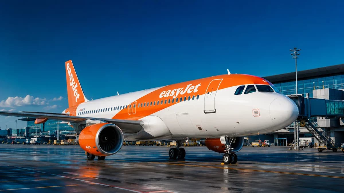 Orangefarbenes easyJet-Flugzeug am Boden vor dem Terminal, Illustration der easyJet-Steuererstattung