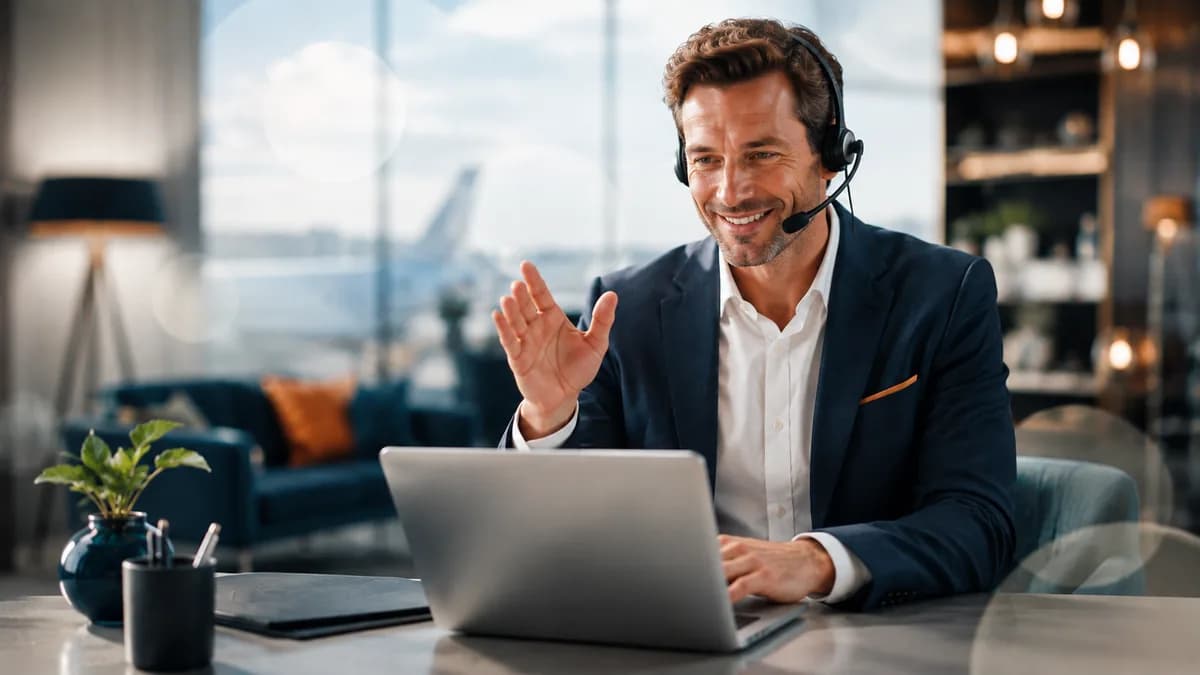 Berater mit Headset beantwortet häufige Fragen zur Steuererstattung bei Flugtickets