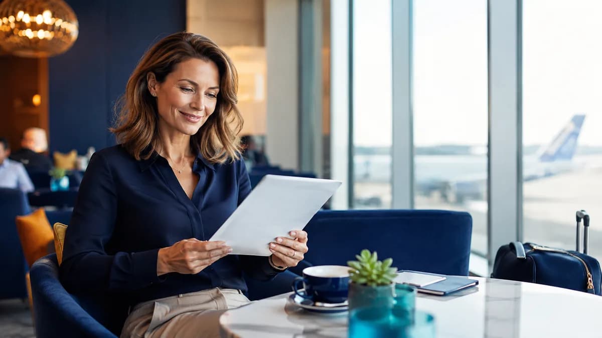 Frau schaut auf ein Tablet in einer Flughafenlounge, um auf die Premium-Guides zur Steuererstattung zuzugreifen