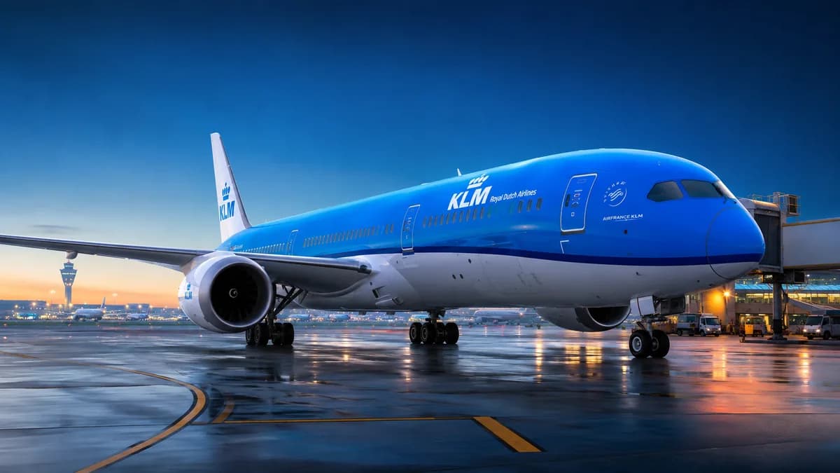 KLM-Flugzeug am Boden vor dem Terminal, Illustration der KLM-Steuererstattung