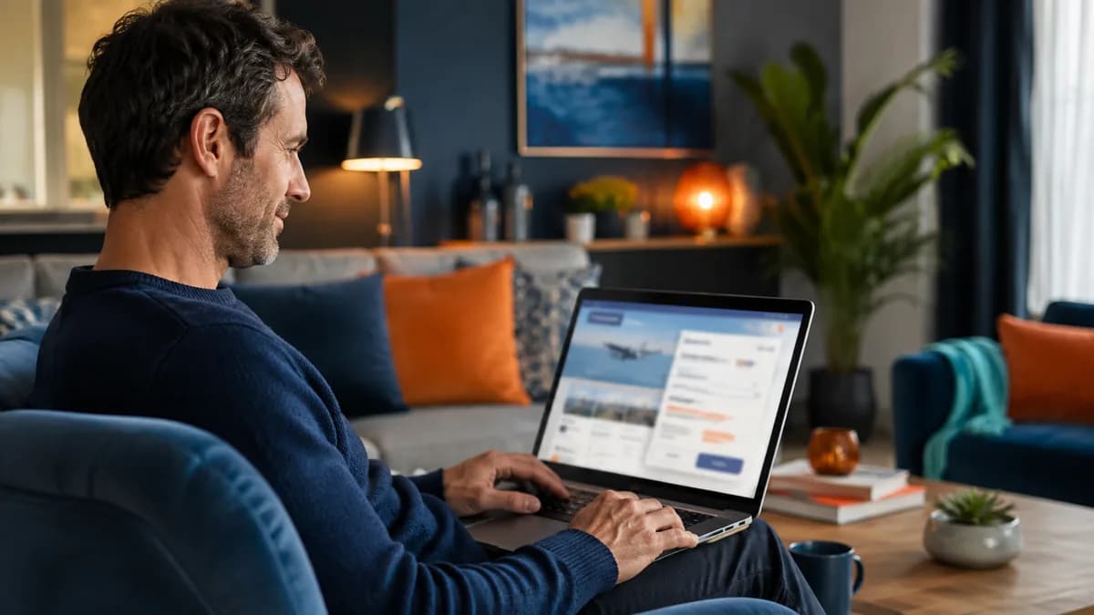 Mann bucht ein Flugticket auf seinem Laptop vom Sofa aus, über eine Agentur oder eine OTA