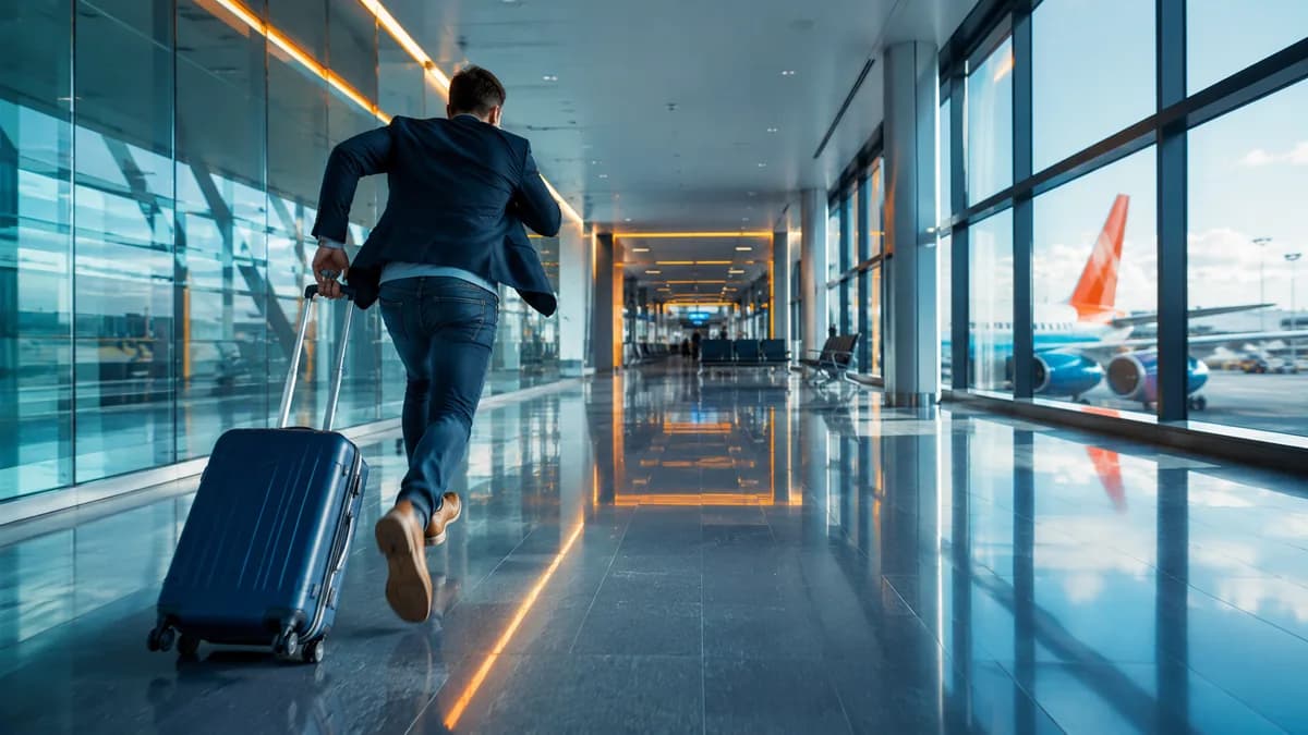 Mann rennt mit einem Koffer durch einen Flughafen, Illustration eines verpassten Fluges und des Antrags auf Steuererstattung